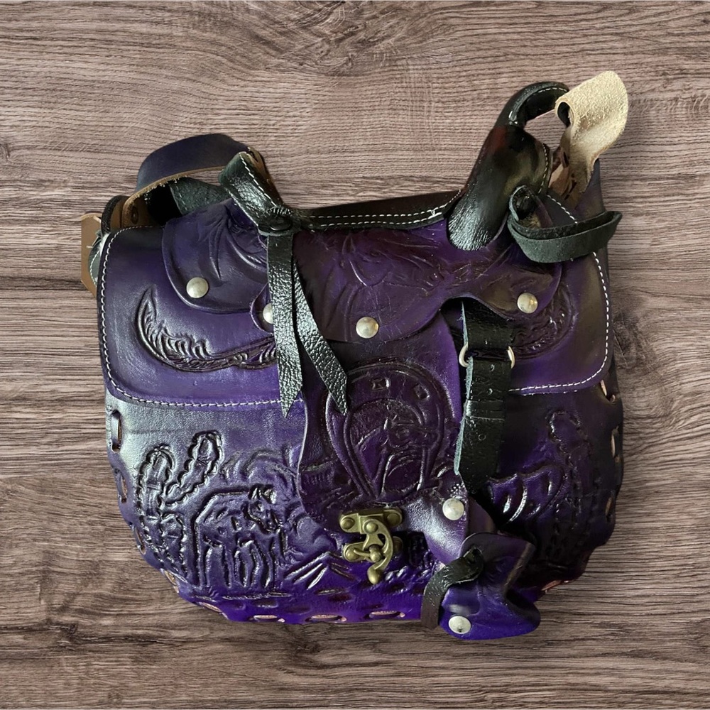 Purple Embossed Leather Saddle Purse
